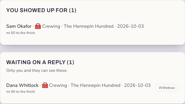 Two panels: 'You showed up for (1)' listing Sam Okafor at The Hennepin Hundred, and 'Waiting on a reply (1)' listing Dana Whitlock, with the note 'Only you and they can see these'.
