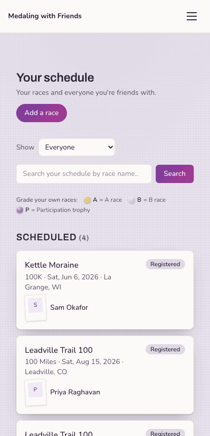 A phone showing a running schedule: Leadville Trail 100, Kettle Moraine and The Hennepin Hundred, each with its date, distance and the friend who is also running it.